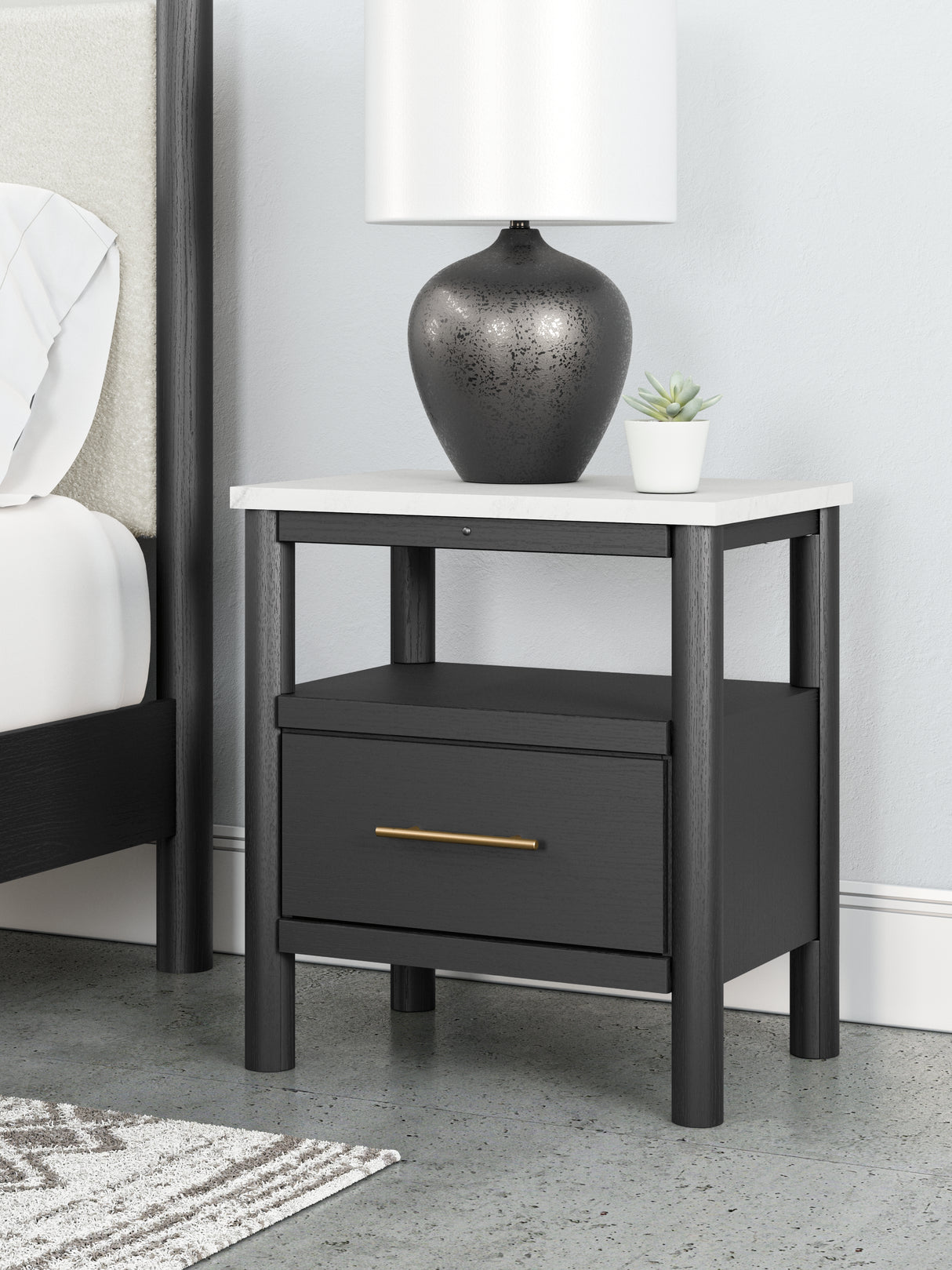 Cadmori Full Upholstered Panel Bed with Dresser and 2 Nightstands in Black/White from Ashley - Luna Furniture