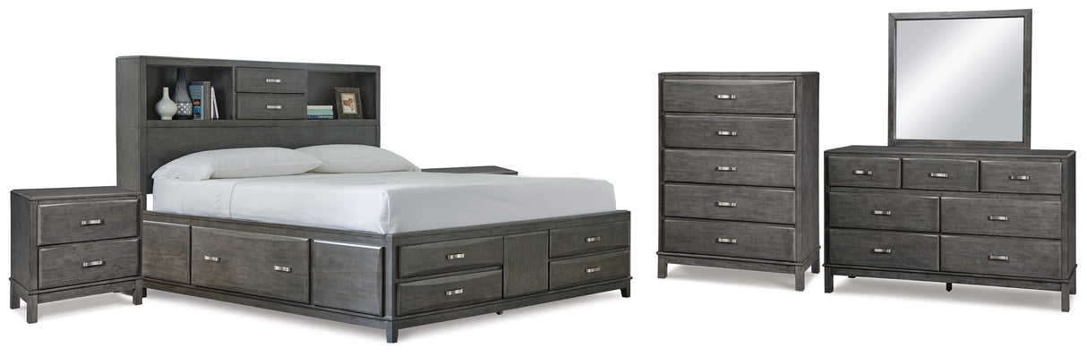 Caitbrook King Storage Bed with 8 Storage Drawers with Mirrored Dresser, Chest and 2 Nightstands in Gray from Ashley - Luna Furniture