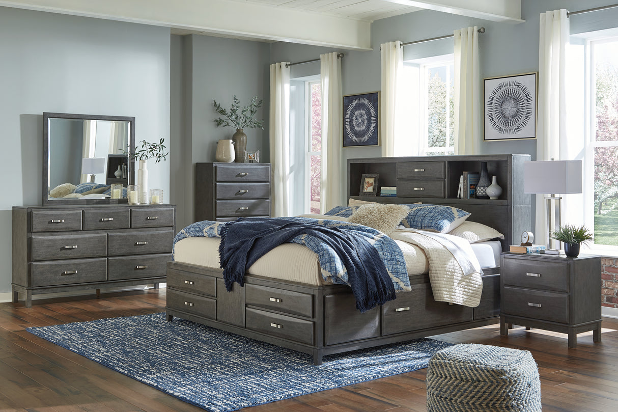 Caitbrook King Storage Bed with 8 Storage Drawers with Mirrored Dresser, Chest and 2 Nightstands in Gray from Ashley - Luna Furniture