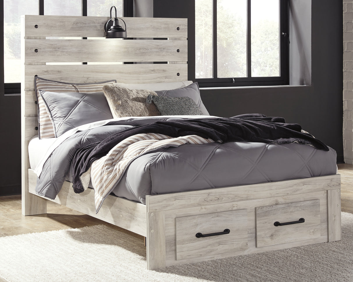 Cambeck Full Panel Bed with 2 Storage Drawers with Mirrored Dresser and 2 Nightstands in Whitewash from Ashley - Luna Furniture