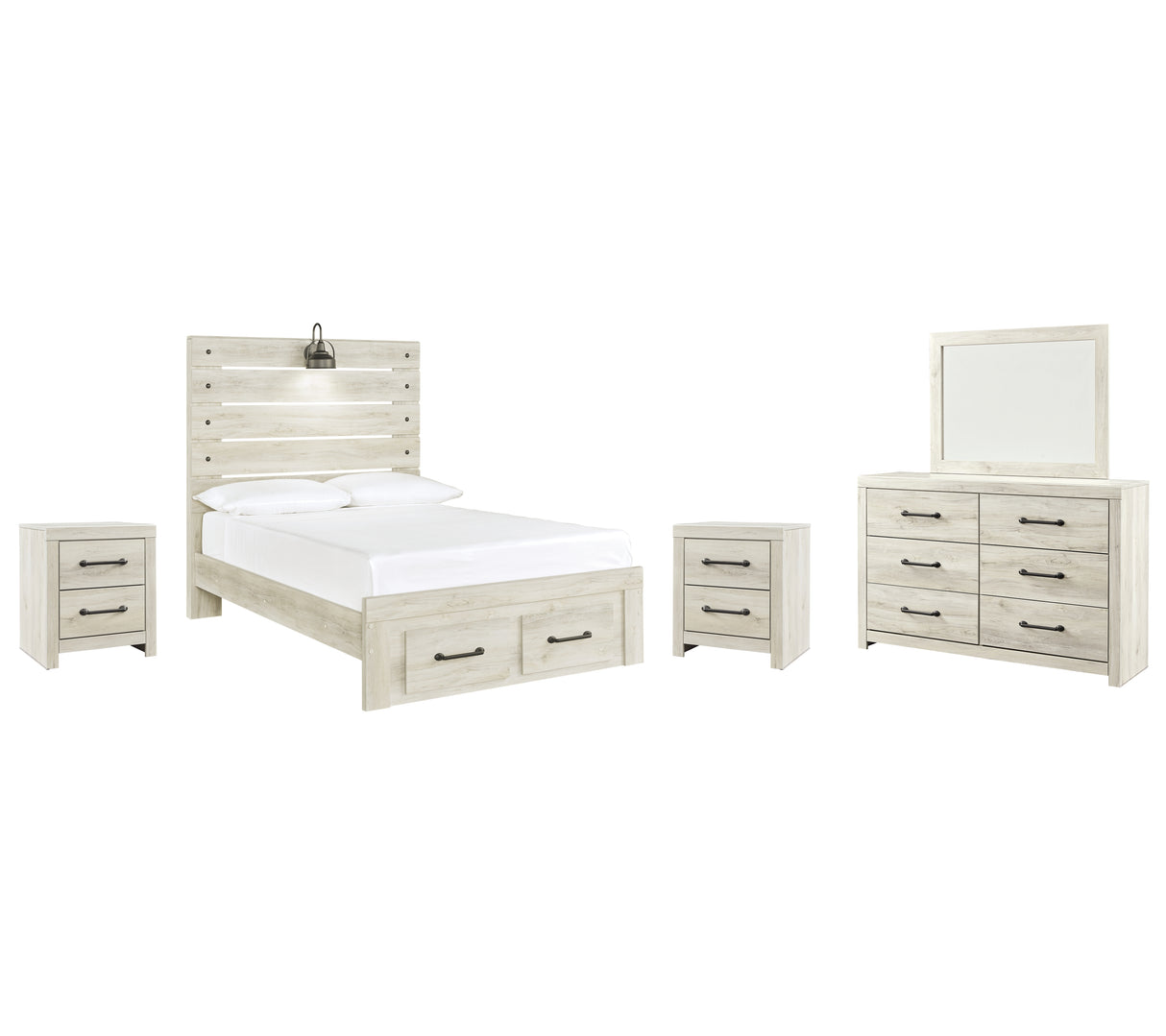 Cambeck Full Panel Bed with 2 Storage Drawers with Mirrored Dresser and 2 Nightstands in Whitewash from Ashley - Luna Furniture