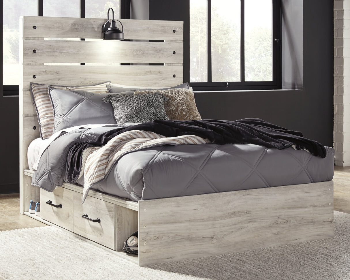 Cambeck Full Panel Bed with 2 Storage Drawers with Mirrored Dresser and Chest in Whitewash from Ashley - Luna Furniture