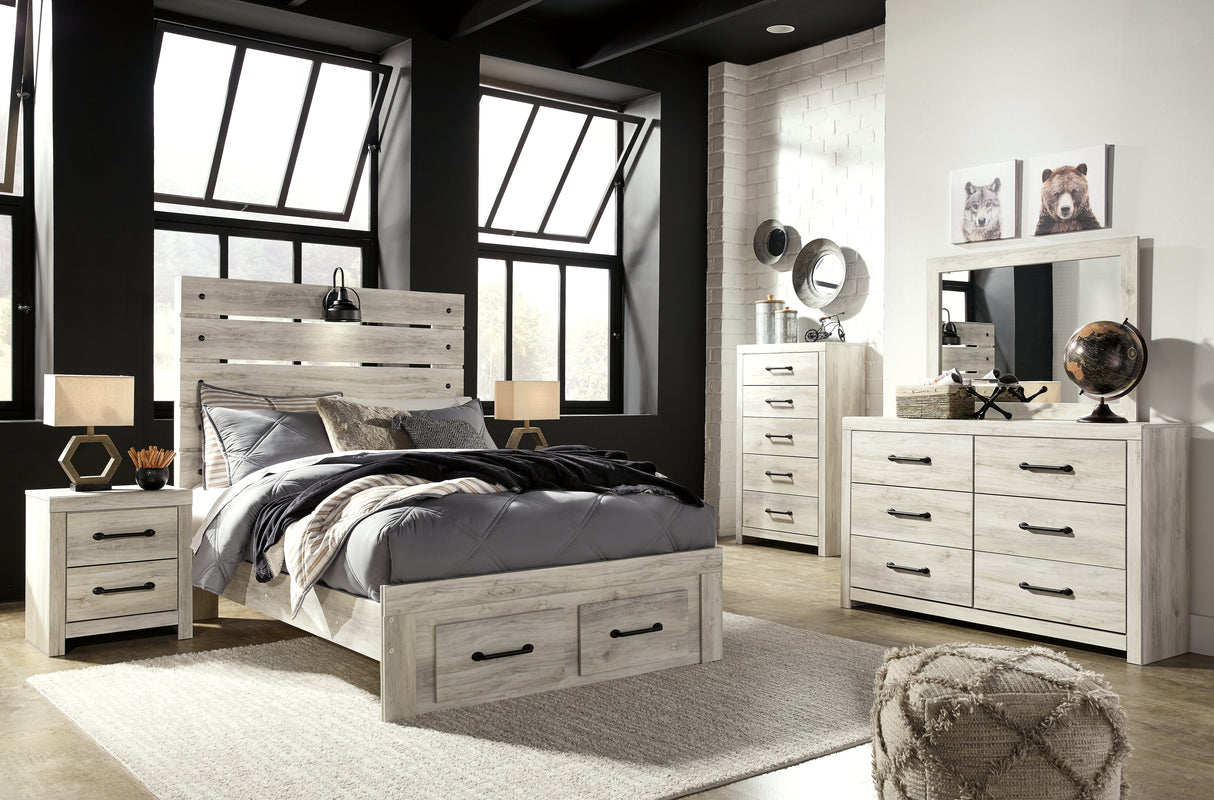 Cambeck Full Panel Bed with 2 Storage Drawers with Mirrored Dresser, Chest and 2 Nightstands in Whitewash from Ashley - Luna Furniture