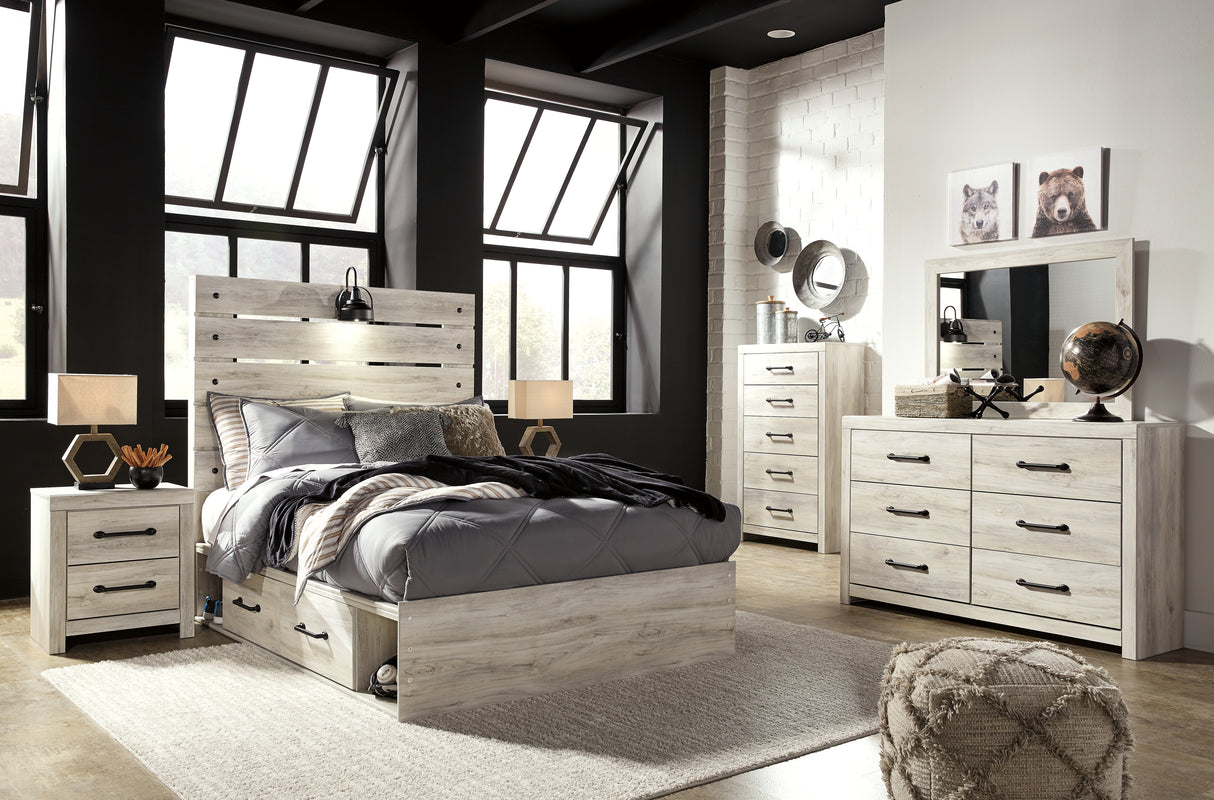 Cambeck Full Panel Bed with 4 Storage Drawers with Mirrored Dresser, Chest and 2 Nightstands in Whitewash from Ashley - Luna Furniture