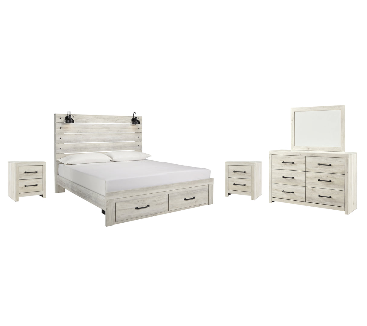 Cambeck King Panel Bed with 2 Storage Drawers with Mirrored Dresser and 2 Nightstands in Whitewash from Ashley - Luna Furniture