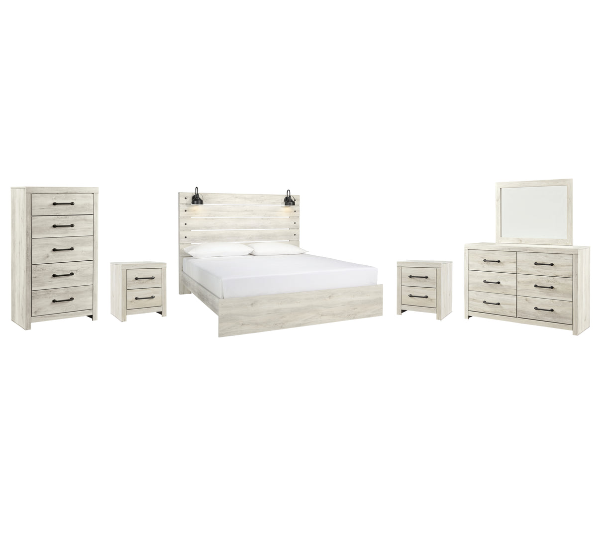 Cambeck King Panel Bed with Mirrored Dresser, Chest and 2 Nightstands in Whitewash from Ashley - Luna Furniture