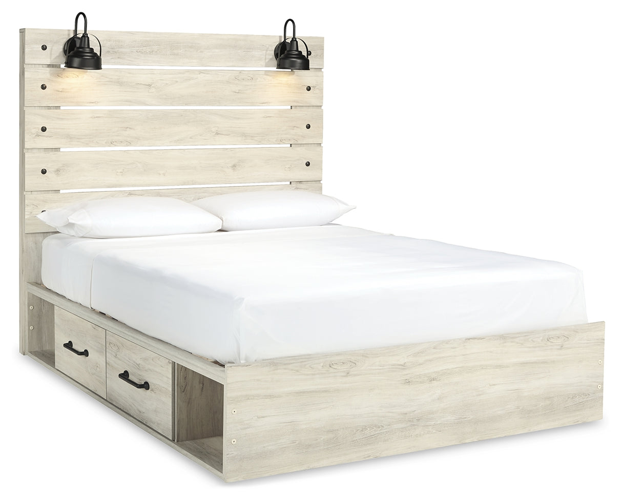 Cambeck Queen Panel Bed with 2 Storage Drawers with Mirrored Dresser and Chest in Whitewash from Ashley - Luna Furniture