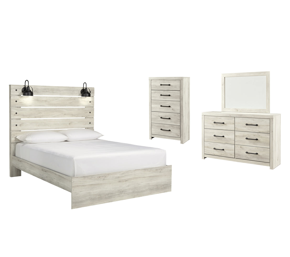 Cambeck Queen Panel Bed with Mirrored Dresser and Chest in Whitewash from Ashley - Luna Furniture
