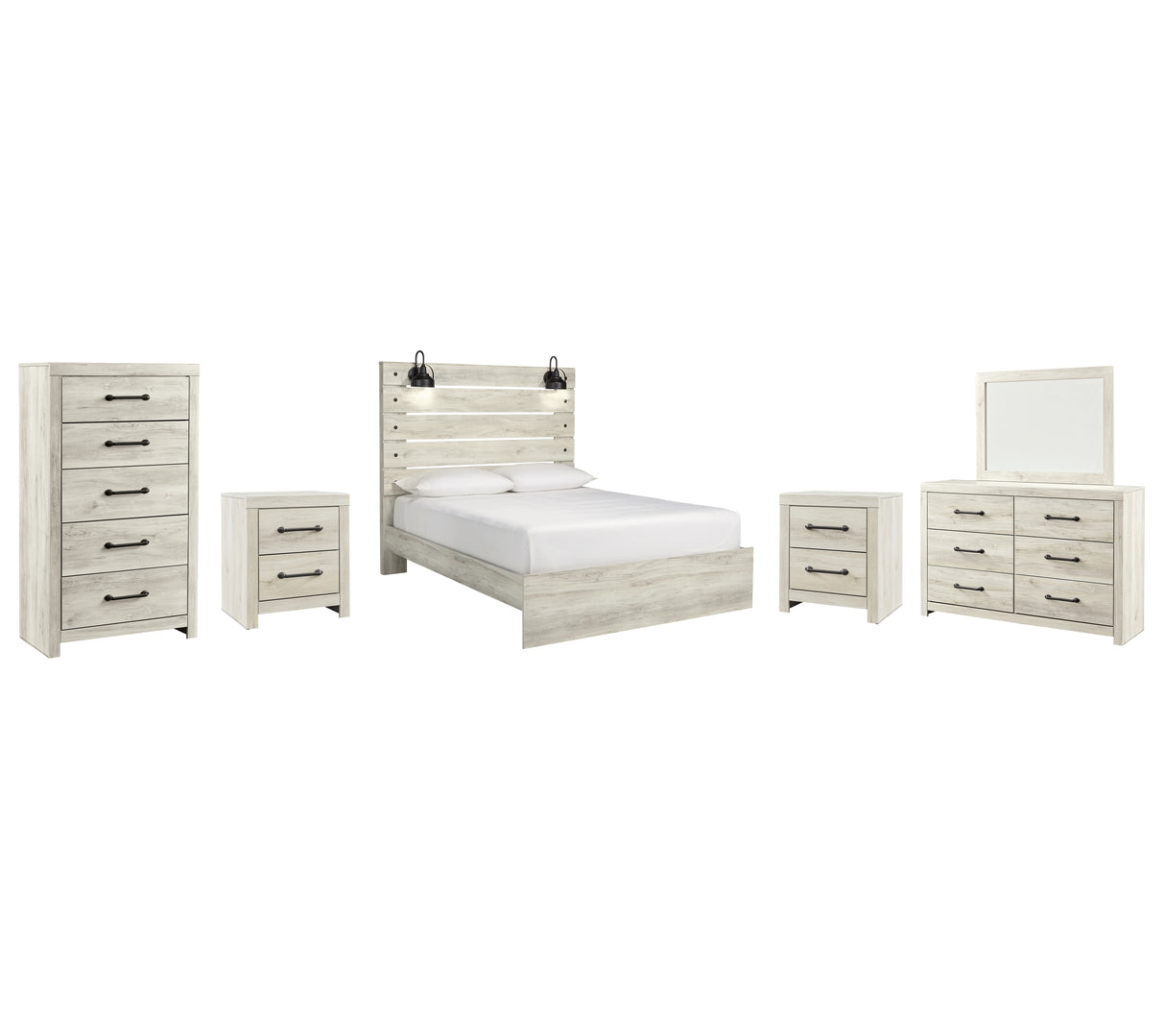 Cambeck Queen Panel Bed with Mirrored Dresser, Chest and 2 Nightstands in Whitewash from Ashley - Luna Furniture