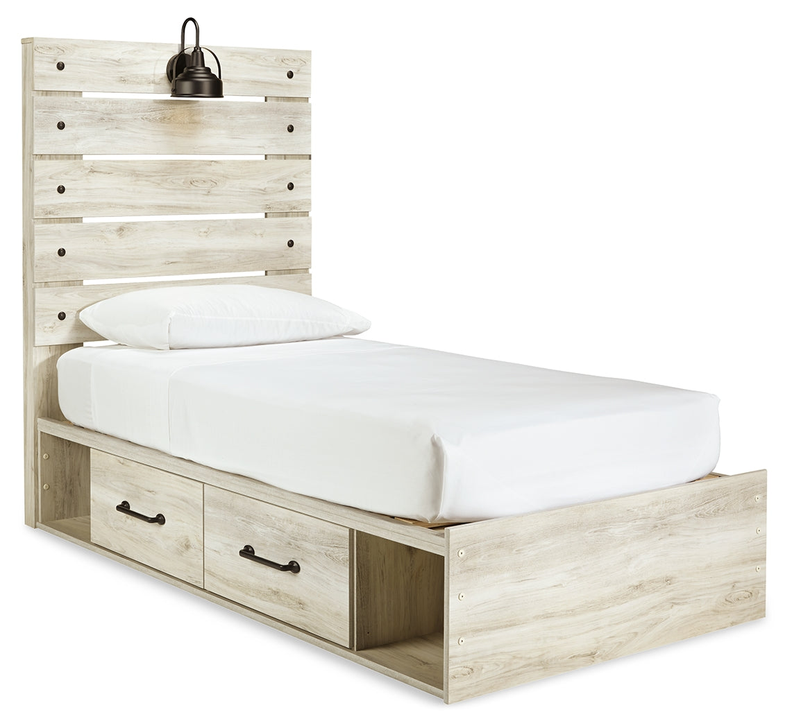 Cambeck Twin Panel Bed with 2 Storage Drawers with Mirrored Dresser and 2 Nightstands in Whitewash from Ashley - Luna Furniture