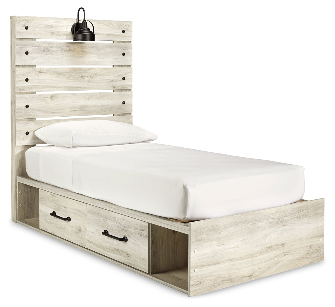 Cambeck Twin Panel Bed with 4 Storage Drawers with Mirrored Dresser and Chest in Whitewash from Ashley - Luna Furniture