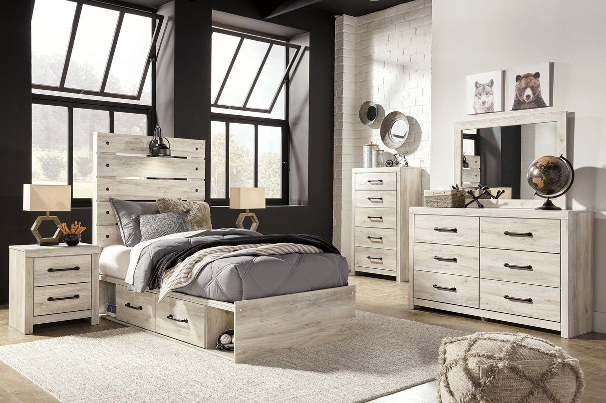 Cambeck Twin Panel Bed with 4 Storage Drawers with Mirrored Dresser, Chest and 2 Nightstands in Whitewash from Ashley - Luna Furniture