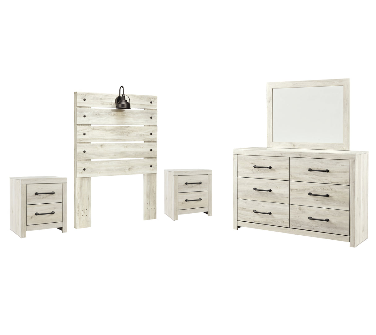 Cambeck Twin Panel Headboard Bed with Mirrored Dresser and 2 Nightstands in Whitewash from Ashley - Luna Furniture