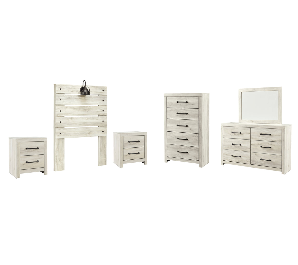 Cambeck Twin Panel Headboard Bed with Mirrored Dresser, Chest and 2 Nightstands in Whitewash from Ashley - Luna Furniture
