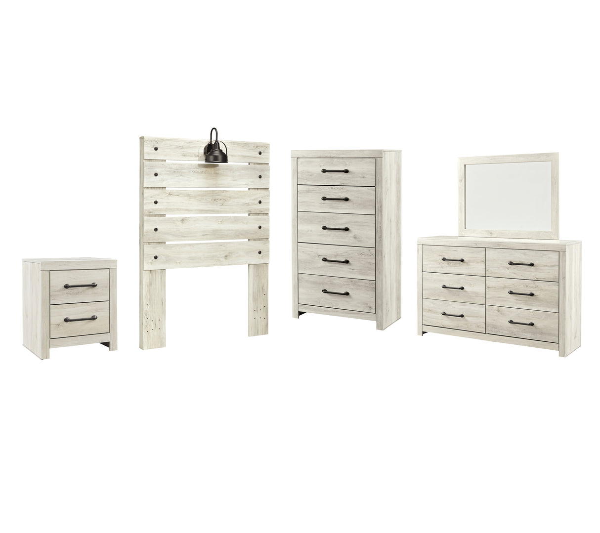 Cambeck Twin Panel Headboard Bed with Mirrored Dresser, Chest and Nightstand in Whitewash from Ashley - Luna Furniture