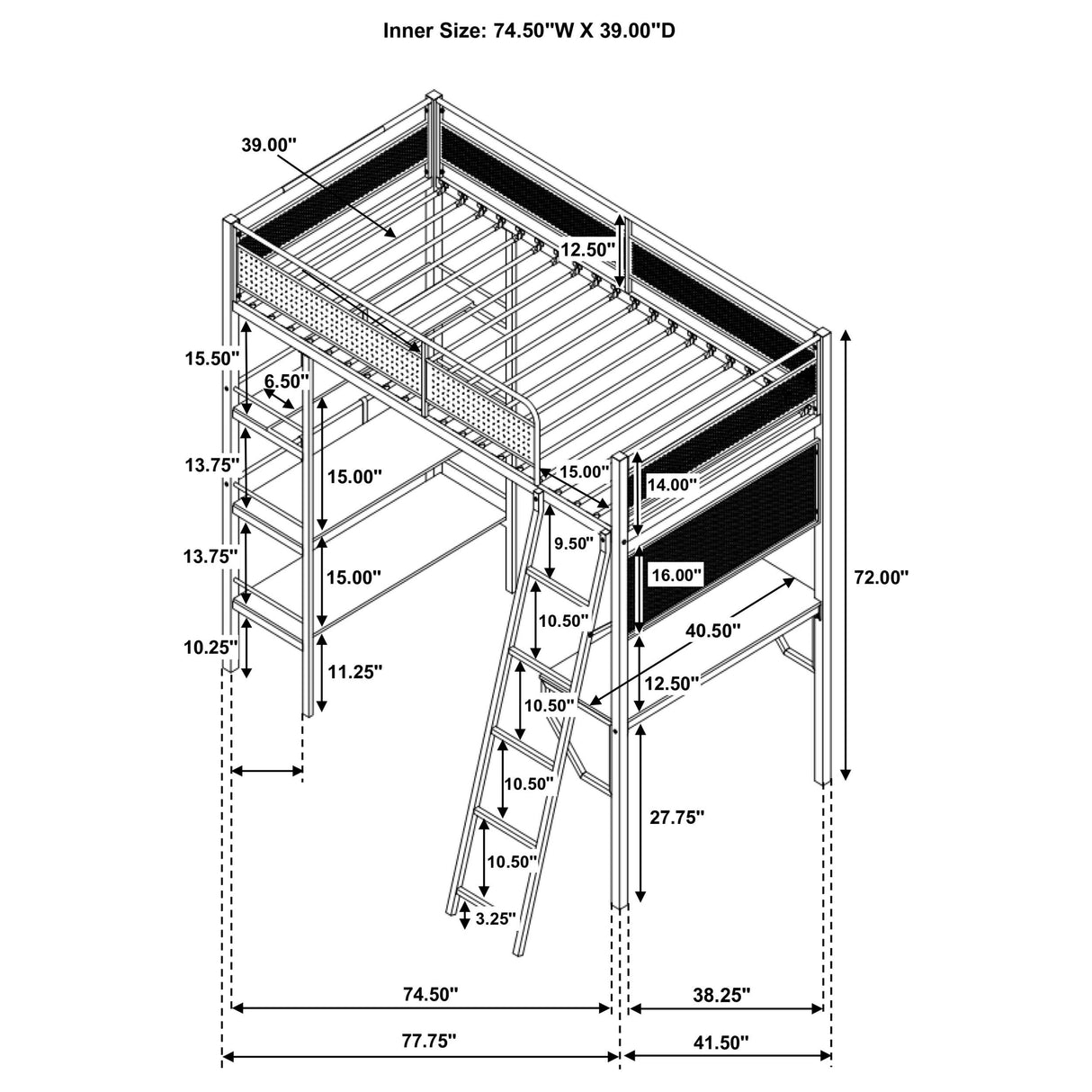 Campus Matte Black 3-Shelf Metal Twin Workstation Loft Bed from Coaster - Luna Furniture