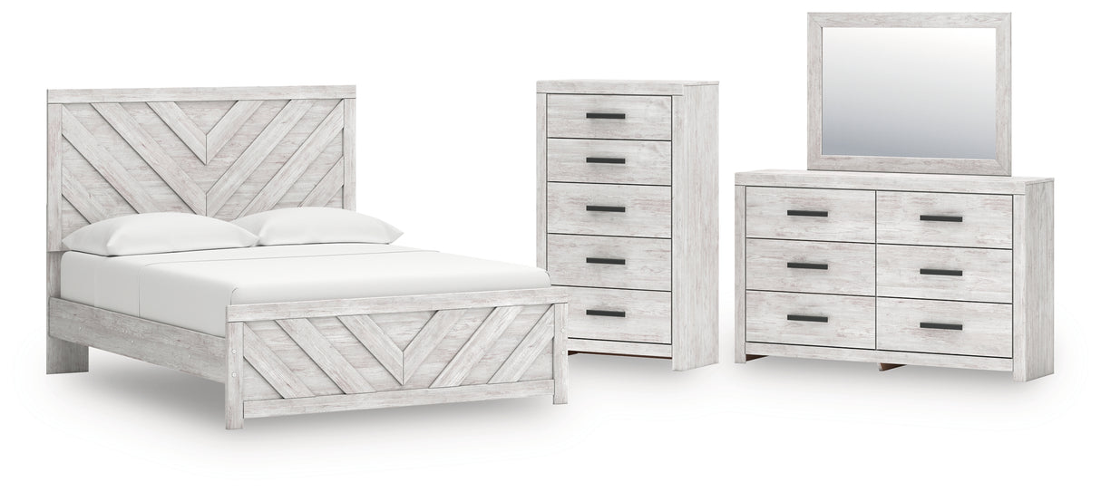 Cayboni Queen Panel Bed with Mirrored Dresser and Chest in Whitewash from Ashley - Luna Furniture