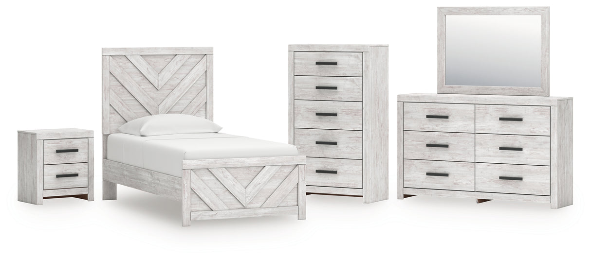 Cayboni Twin Panel Bed with Mirrored Dresser, Chest and Nightstand in Whitewash from Ashley - Luna Furniture