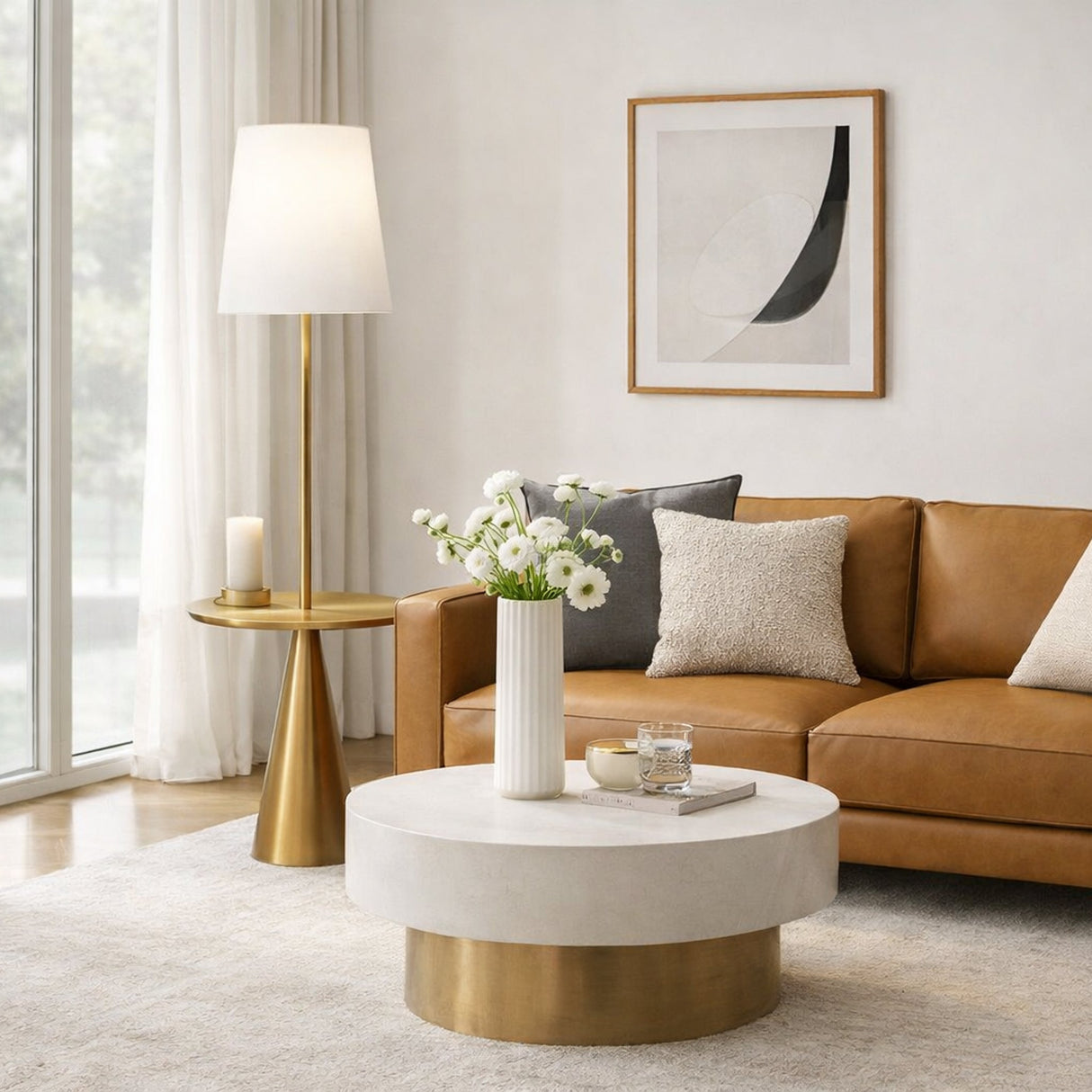 Celestial Modern Floor Lamp with Brass Accent Table with Large White Shade from Ashcroft Furniture - Luna Furniture
