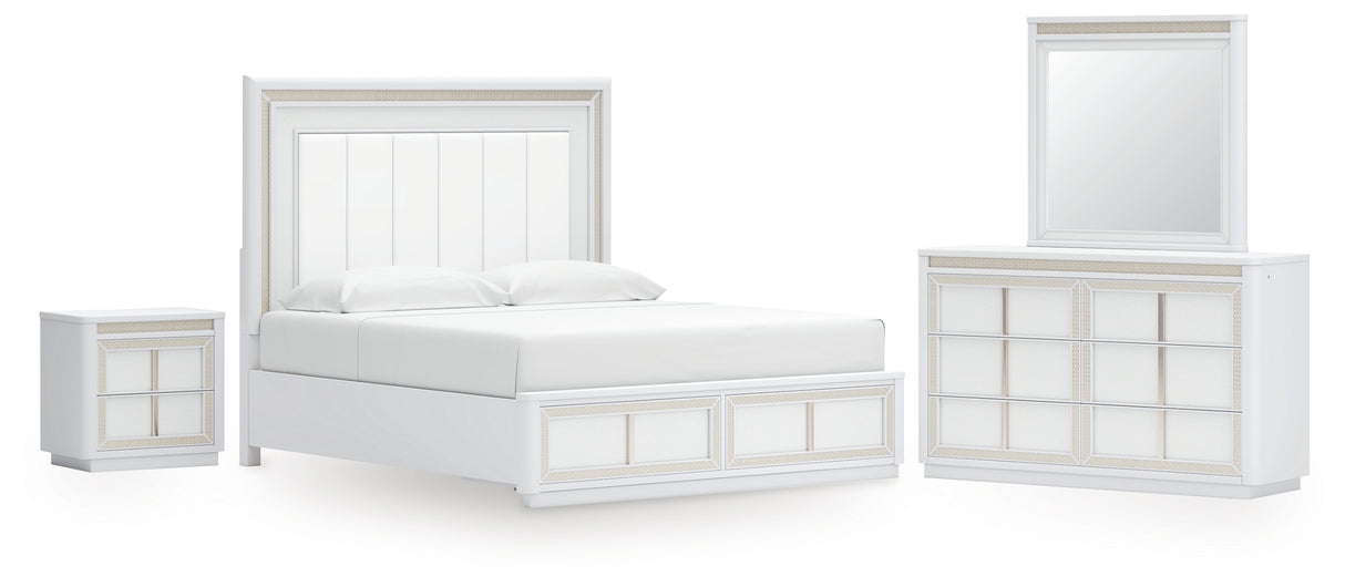 Chalanna King Upholstered Storage Bed with Mirrored Dresser and Nightstand in White from Ashley - Luna Furniture