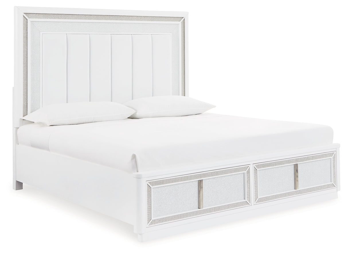 Chalanna King Upholstered Storage Bed with Mirrored Dresser, Chest and 2 Nightstands in White from Ashley - Luna Furniture
