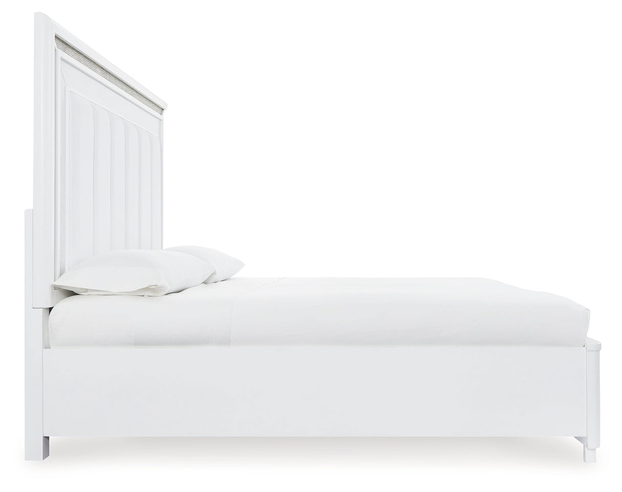 Chalanna King Upholstered Storage Bed with Mirrored Dresser, Chest and Nightstand in White from Ashley - Luna Furniture