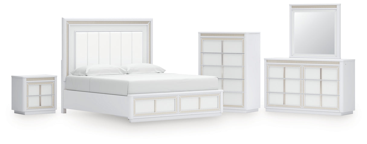 Chalanna King Upholstered Storage Bed with Mirrored Dresser, Chest and Nightstand in White from Ashley - Luna Furniture