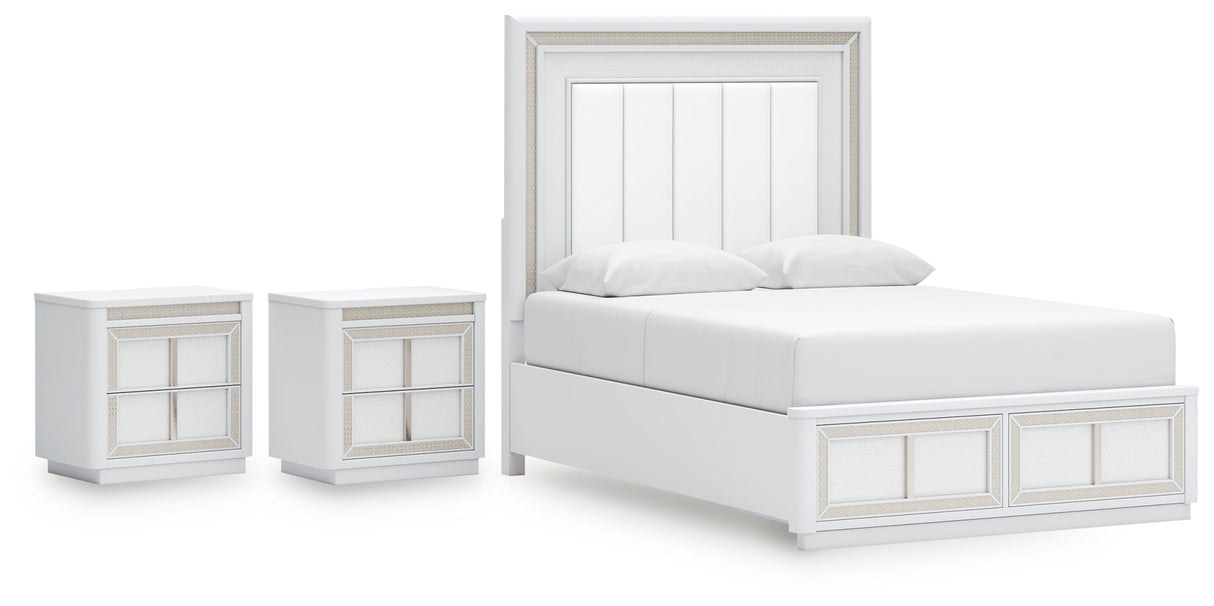 Chalanna Queen Upholstered Storage Bed with 2 Nightstands in White from Ashley - Luna Furniture
