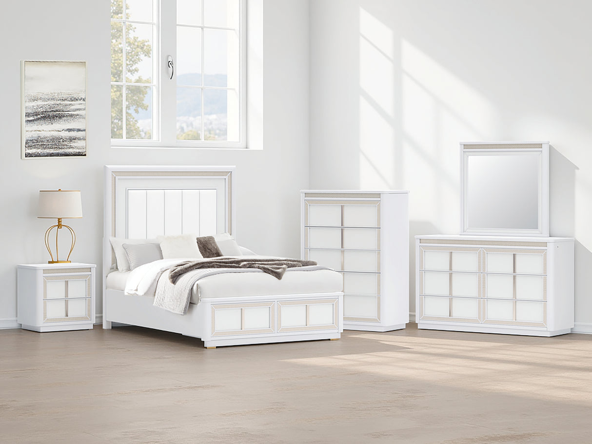 Chalanna Queen Upholstered Storage Bed with Mirrored Dresser, Chest and 2 Nightstands in White from Ashley - Luna Furniture
