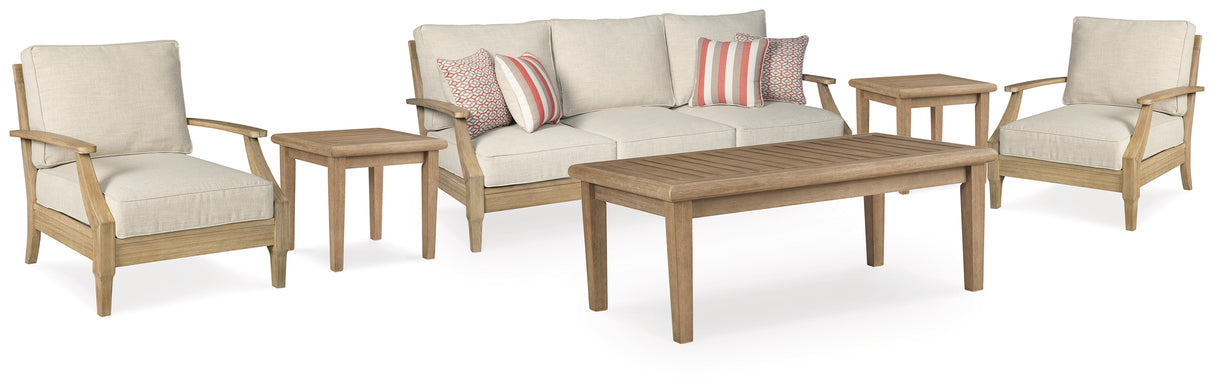 Clare View Outdoor Sofa and 2 Lounge Chairs with Coffee Table and 2 End Tables in Beige from Ashley - Luna Furniture