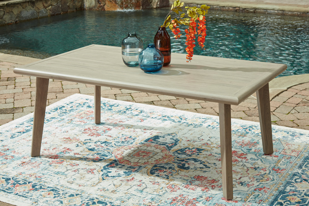 Cliff Trails Outdoor Dining Table and 4 Arm Chairs in Beige from Ashley - Luna Furniture