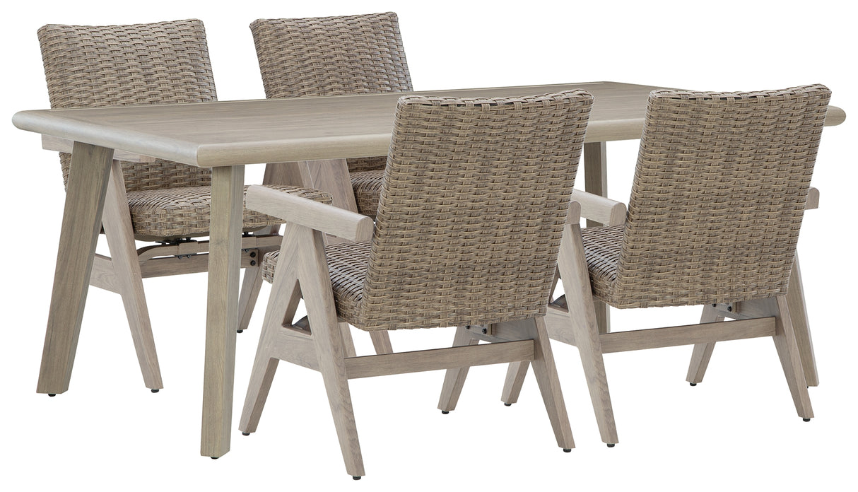 Cliff Trails Outdoor Dining Table and 4 Arm Chairs in Beige from Ashley - Luna Furniture