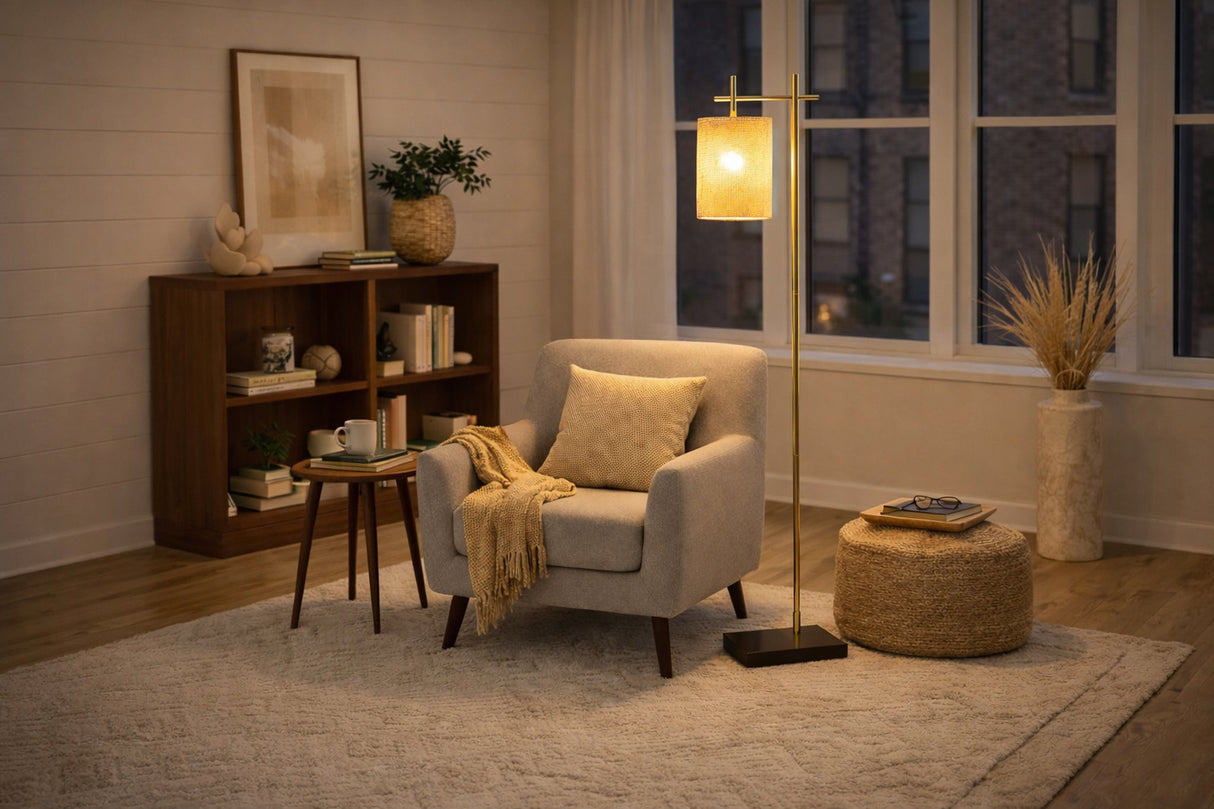 Brizo Bamboo Lampshade Floor Lamp Dark brown and Bronze from Ashcroft Furniture - Luna Furniture