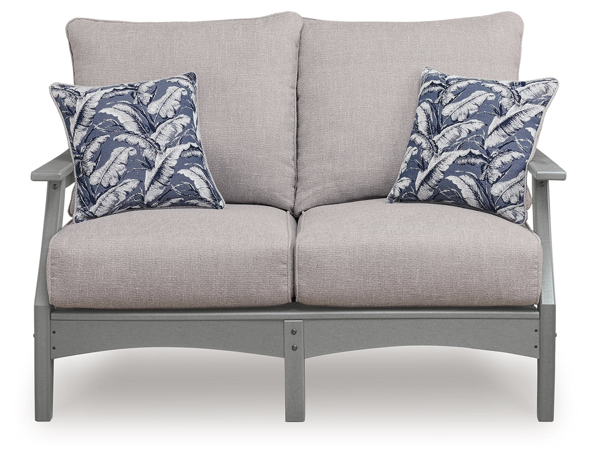 Cove Beach Outdoor Sofa and Loveseat with Coffee Table in Gray from Ashley Furniture - Luna Furniture