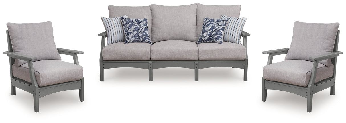 Cove Beach Outdoor Sofa with 2 Lounge Chairs in Gray from Ashley Furniture - Luna Furniture