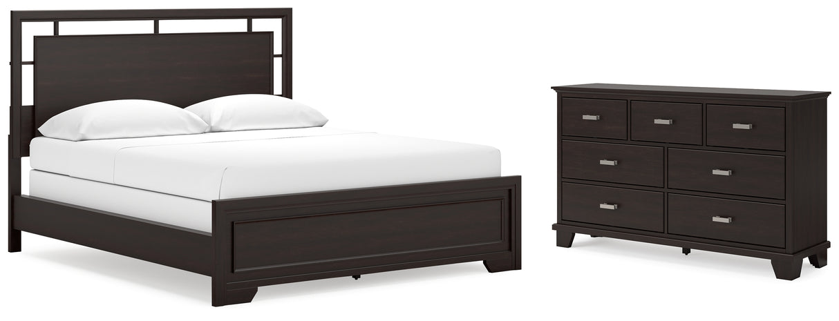 Covetown California King Panel Bed with Dresser in Dark Brown from Ashley - Luna Furniture