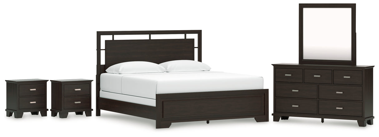 Covetown King Panel Bed with Mirrored Dresser and 2 Nightstands in Dark Brown from Ashley - Luna Furniture