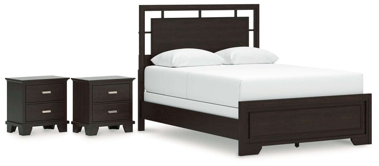 Covetown Queen Panel Bed with 2 Nightstands in Dark Brown from Ashley - Luna Furniture