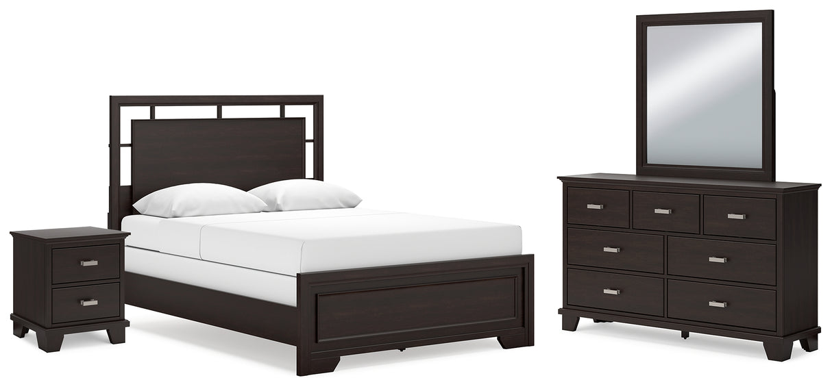 Covetown Queen Panel Bed with Mirrored Dresser and Nightstand in Dark Brown from Ashley - Luna Furniture