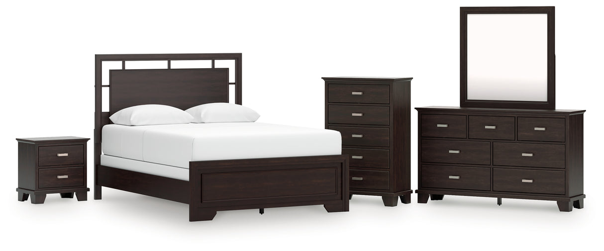 Covetown Queen Panel Bed with Mirrored Dresser, Chest and Nightstand in Dark Brown from Ashley - Luna Furniture