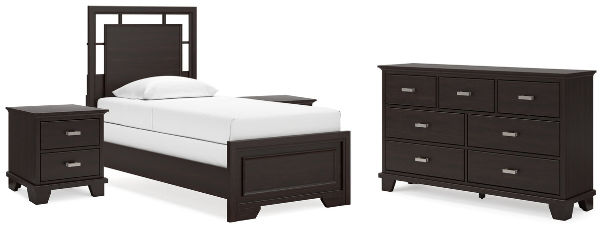 Covetown Twin Panel Bed with Dresser and 2 Nightstands in Dark Brown from Ashley - Luna Furniture