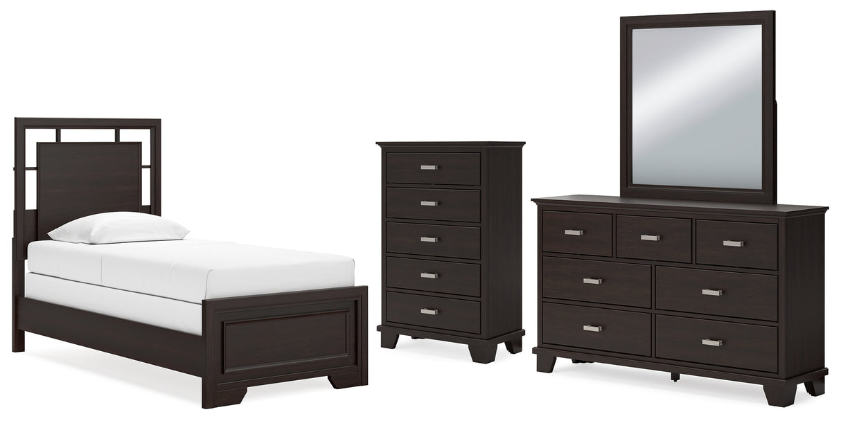 Covetown Twin Panel Bed with Mirrored Dresser and Chest in Dark Brown from Ashley - Luna Furniture