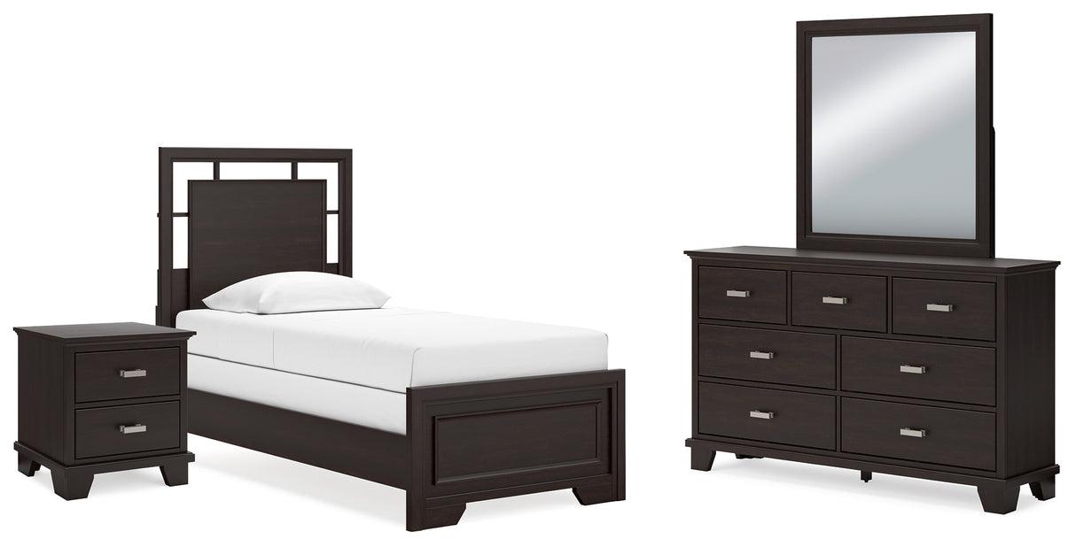 Covetown Twin Panel Bed with Mirrored Dresser and Nightstand in Dark Brown from Ashley - Luna Furniture