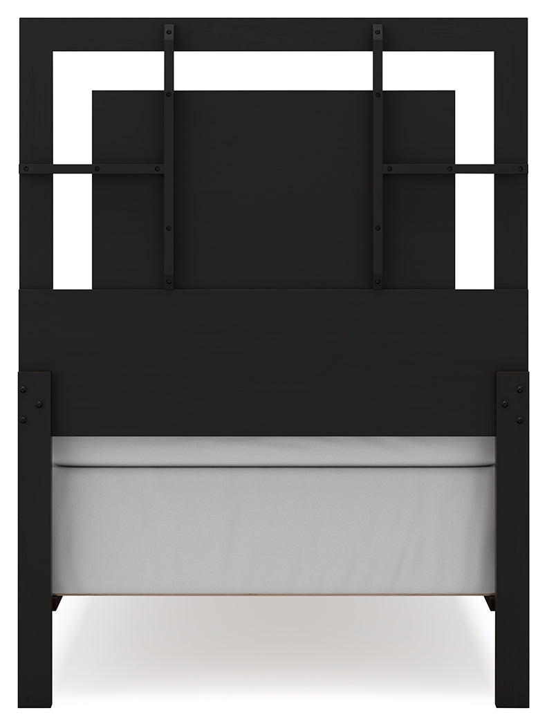 Covetown Twin Panel Bed with Mirrored Dresser, Chest and Nightstand in Dark Brown from Ashley - Luna Furniture