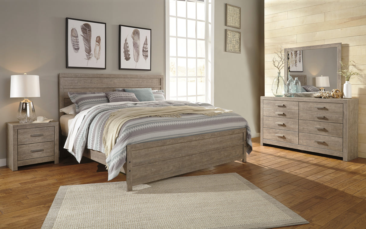 Culverbach King Panel Bed with Mirrored Dresser and 2 Nightstands in Gray from Ashley - Luna Furniture