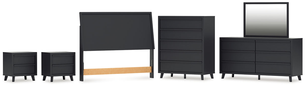 Danziar Queen Panel Headboard with Mirrored Dresser, Chest and 2 Nightstands in Black from Ashley - Luna Furniture