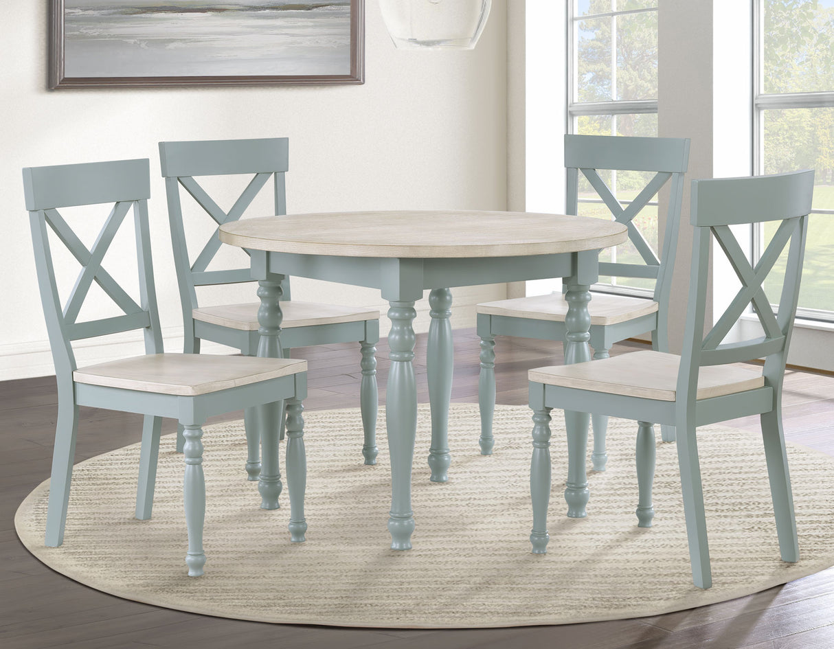 Darcy 5-Piece 42″ Round Dining Set, Mint Green and Washed Linen Finish from Steve Silver - Luna Furniture