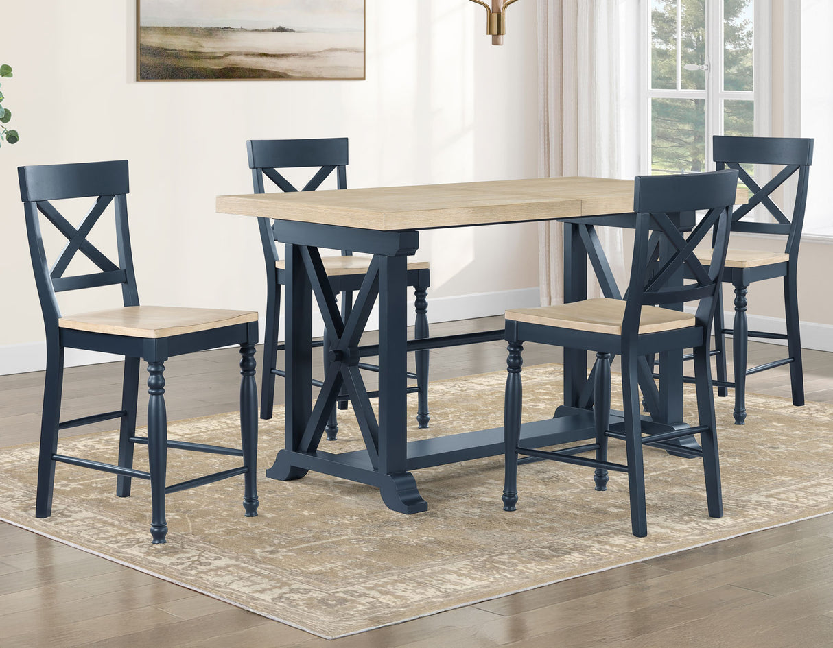 Darcy 5-Piece 64-82″Counter Set with 18-inch leaf, Midnight Blue and Natural Finish from Steve Silver - Luna Furniture