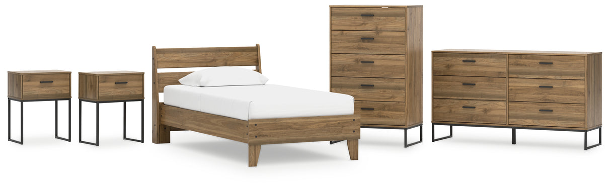 Deanlow Twin Platform Panel Bed with Dresser, Chest and 2 Nightstands in Honey from Ashley - Luna Furniture