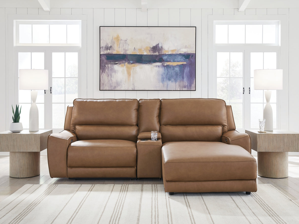 DeepWakes Caramel 3-Piece RAF Power Reclining Sectional with Console from Ashley Furniture - Luna Furniture